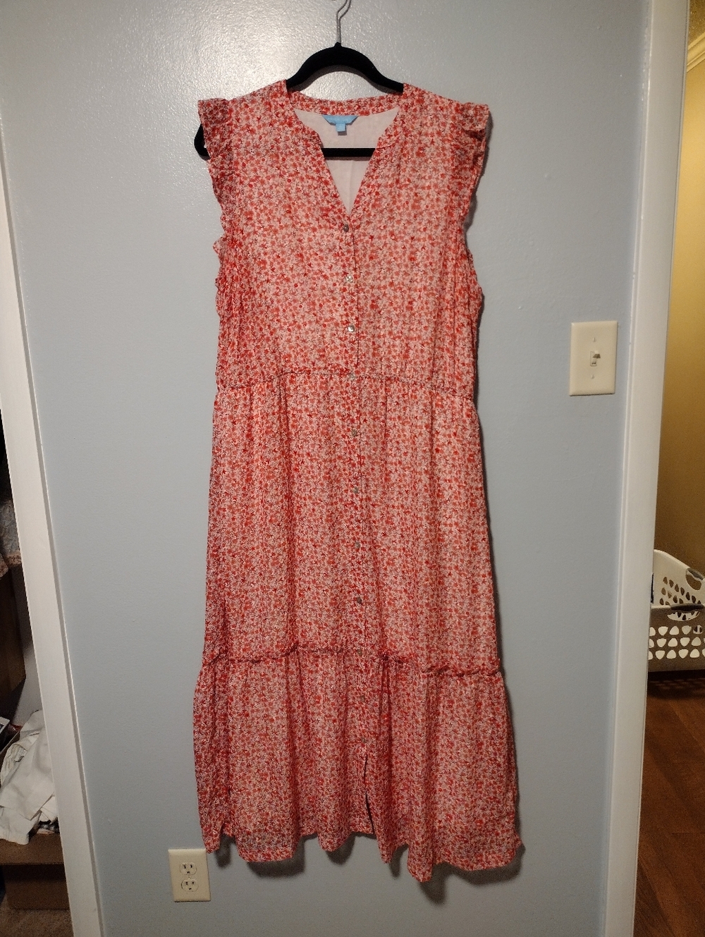 Draper James Sleeveless Ruffle V Neck Midi Dress  Pink Ditzy Floral